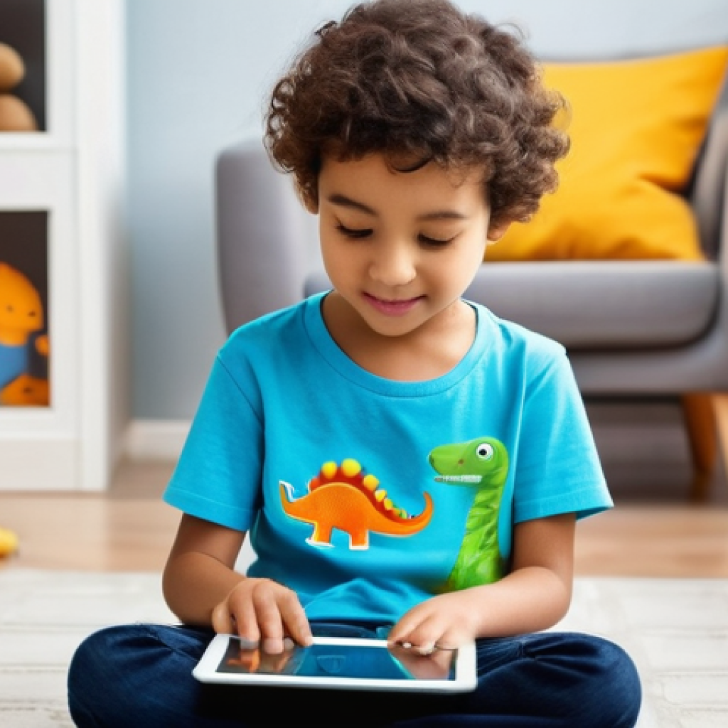 공룡메카드와 연계된 교육 프로그램 - **Prompt:** A cheerful child, aged 8, with a bright expression, is intently playing an engaging educ...