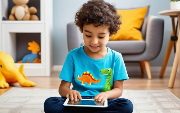 공룡메카드와 연계된 교육 프로그램 - **Prompt:** A cheerful child, aged 8, with a bright expression, is intently playing an engaging educ...