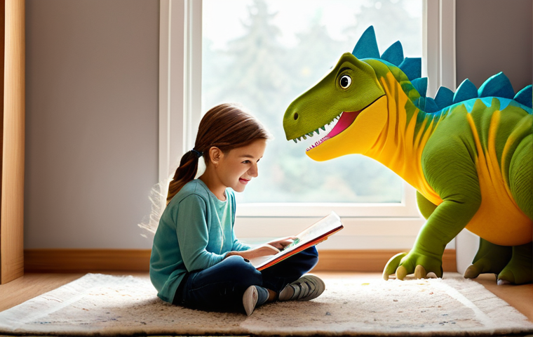 공룡메카드와 연계된 교육 프로그램 - **Prompt:** A cheerful child, aged 8, with a bright expression, is intently playing an engaging educ...