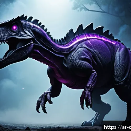 공룡메카드에 등장하는 공룡의 특징 - A highly detailed digital illustration of a Mecard dinosaur named "Shadow Dinosaur," showcasing a sl...