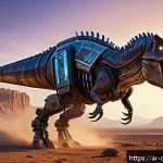 공룡메카드 주인공들의 모험 기록 - A futuristic mechanical T-Rex standing tall in a desert landscape at sunset, its massive armored bod...