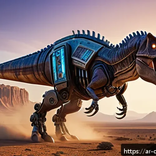 공룡메카드 주인공들의 모험 기록 - A futuristic mechanical T-Rex standing tall in a desert landscape at sunset, its massive armored bod...
