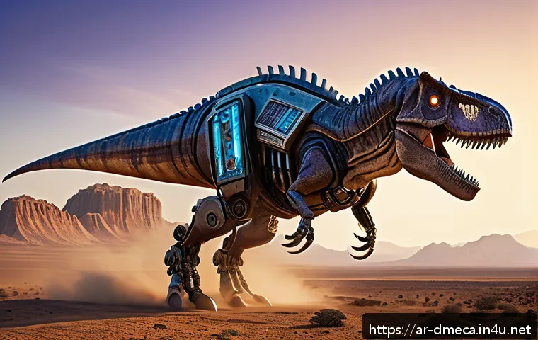 공룡메카드 주인공들의 모험 기록 - A futuristic mechanical T-Rex standing tall in a desert landscape at sunset, its massive armored bod...