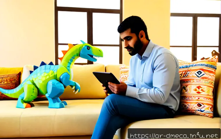 공룡메카드 제작진의 의도 분석 - Photorealistic editorial scene of an Arab media analyst in a modern Riyadh living room studying a co...